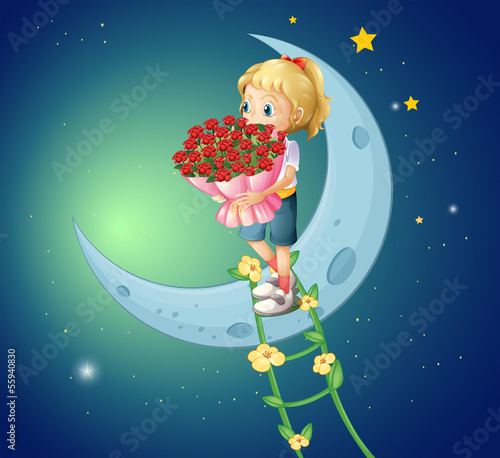 A girl going to the moon with a bouquet of roses