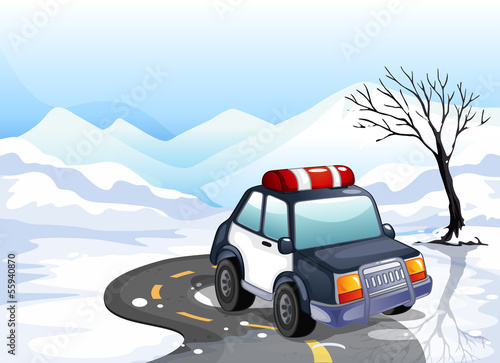 A patrol car in the snowy land