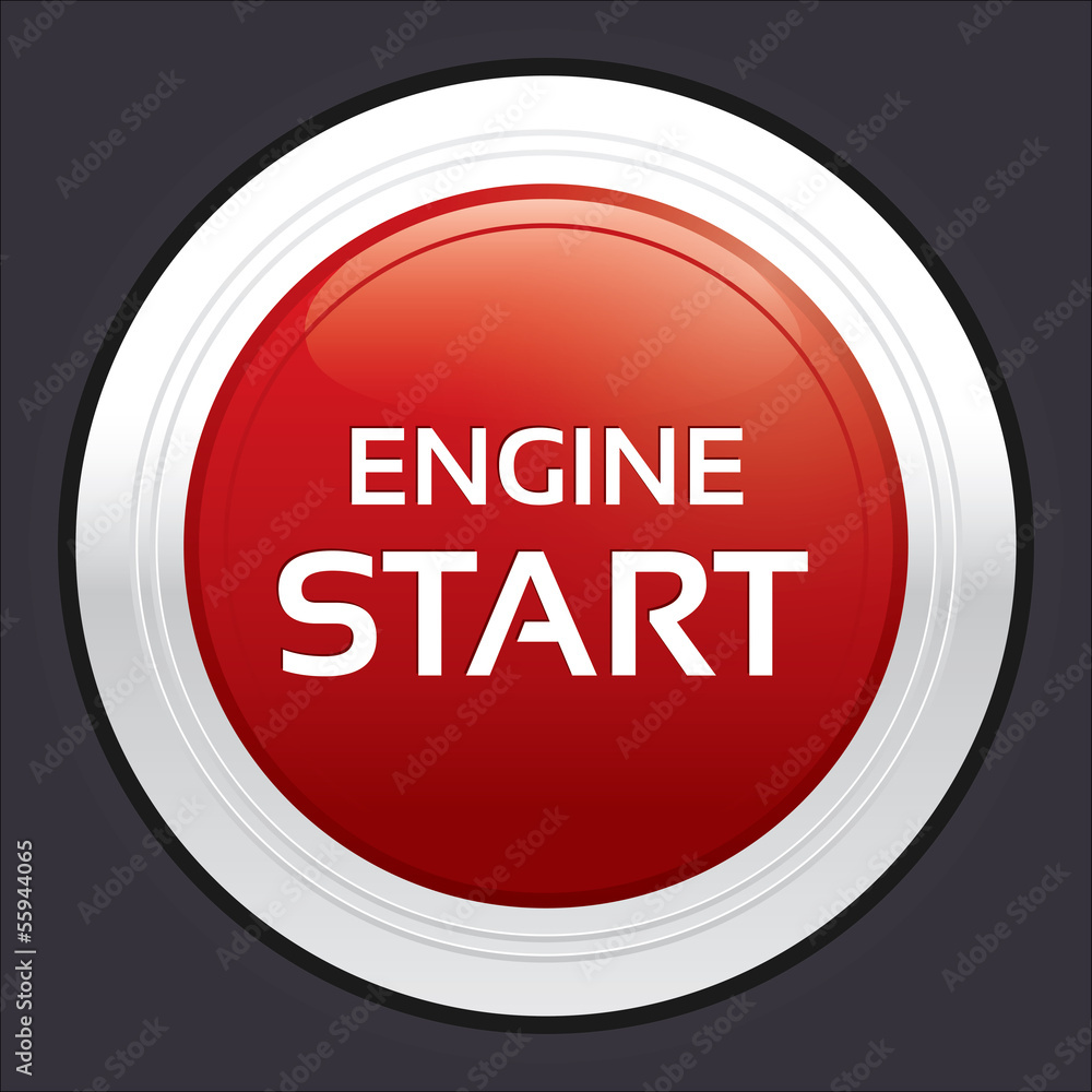 Start engine button. Red round sticker. Start engine button. Red round sticker.