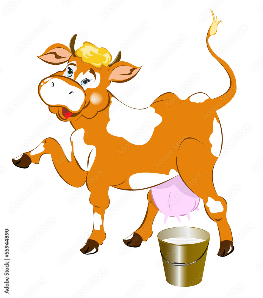 A cheerful cow and a bucket of fresh milk