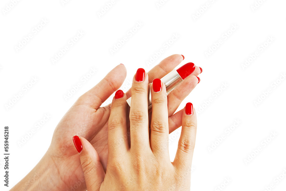 Female Hands Holding Red Lipstick On White Background Female Hands Holding Red Lipstick On White Background