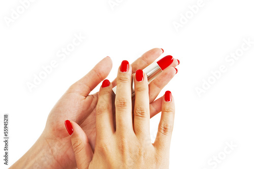 Female Hands Holding Red Lipstick On White Background
