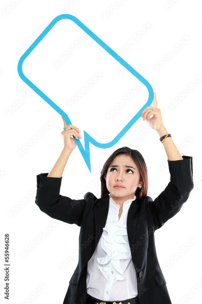 Picture of business woman holding blank text bubble in specs ove