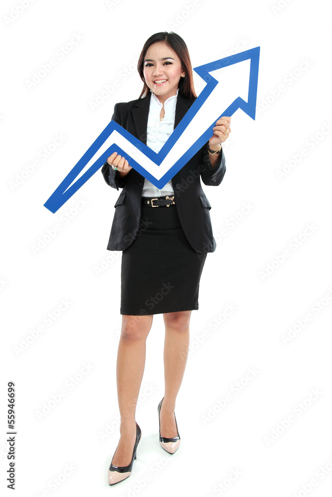 Portrait of full lenght beautiful woman holding chart arrow sign Portrait of full lenght beautiful woman holding chart arrow sign