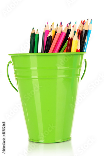 Color bucket with multicolor pencils, isolated on white