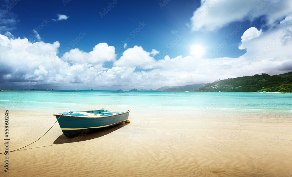 boat on beach Mahe island, Seychelles boat on beach Mahe island, Seychelles