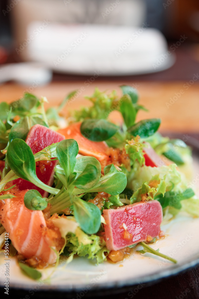 Salad with rare fried tuna and salmon