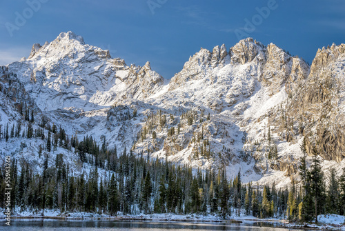 Idaho mountains lake in the winter with beautiful peaks