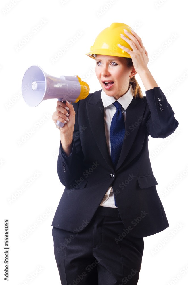 Female construction worker with loudspeaker Female construction worker with loudspeaker