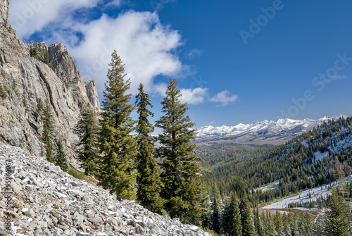 Winter valley with trees and mountinas