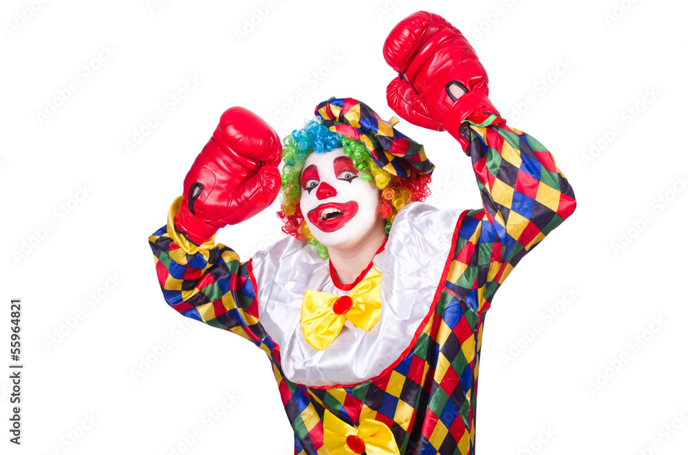 Clown with boxing gloves isolated on white Clown with boxing gloves isolated on white