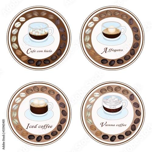 Four Type of Coffee Drink in Retro Round Label