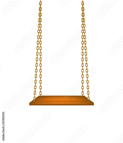 Wooden swing hanging on golden chains