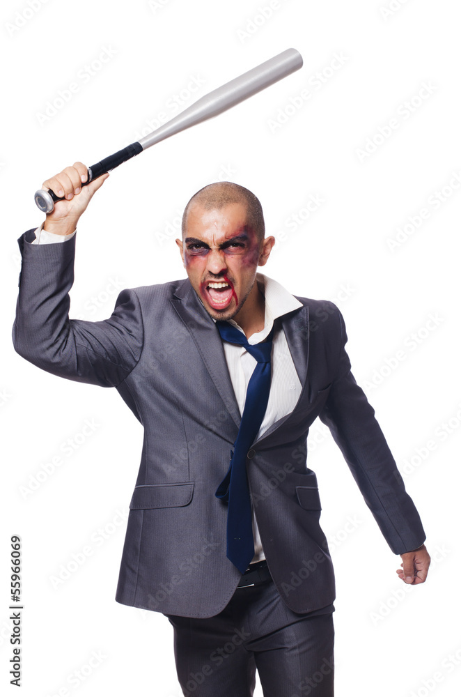 Badly bruised businessman with bat on white Badly bruised businessman with bat on white