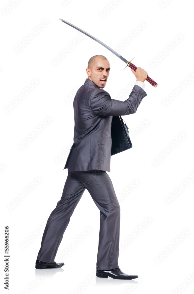 Businessman with sword isolated on white Businessman with sword isolated on white