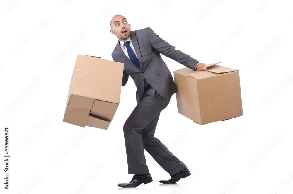 Businessman with box isolated on the white Businessman with box isolated on the white
