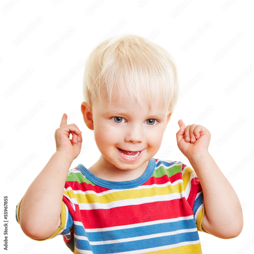 Kleines Kind mit erhobenen Zeigefingern Kleines Kind mit erhobenen Zeigefingern