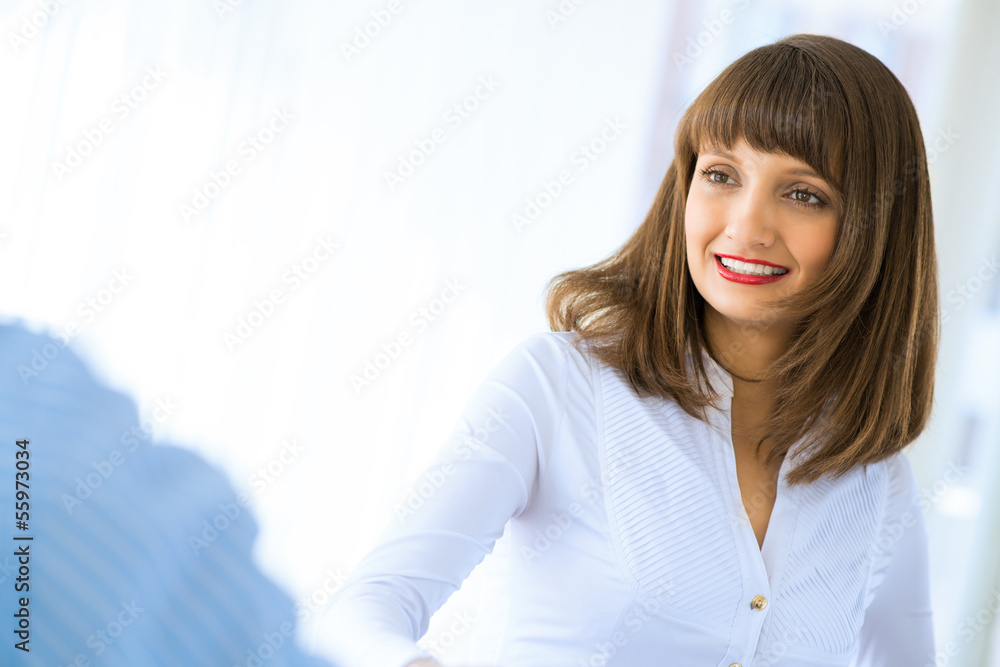 business woman shaking hands with a client business woman shaking hands with a client
