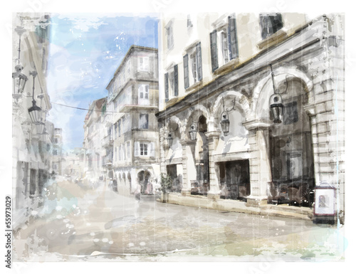 Illustration of city street. Watercolor style.