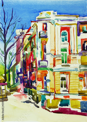 original watercolor painting of kiev building, ukraine