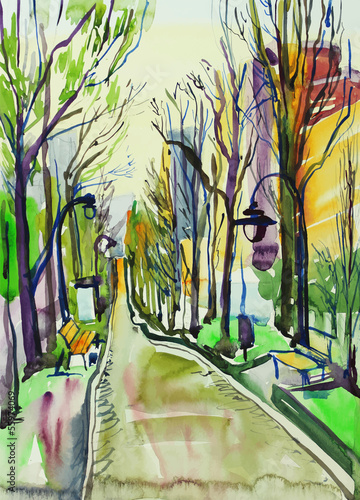 original watercolor painting of city park