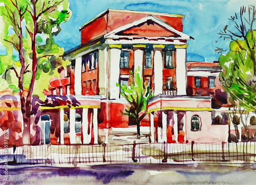 original watercolor painting of kiev building, ukraine