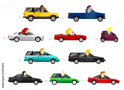 Cute cartoon Business man and women driving various cars