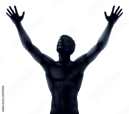 Man silhouette hands raised