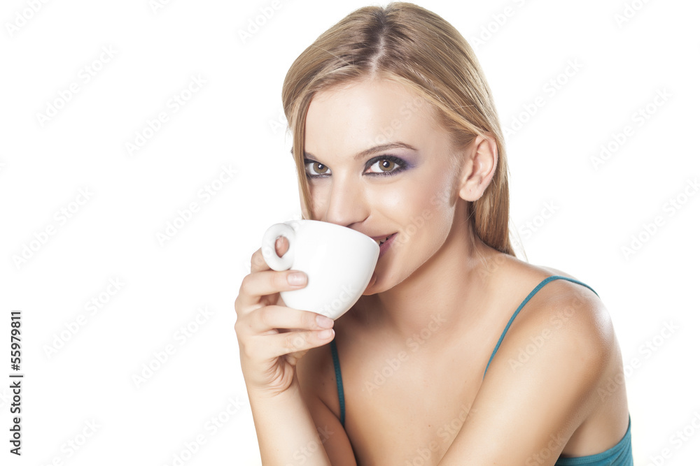portrait of a smiling beautiful girl drink her cup of coffee portrait of a smiling beautiful girl drink her cup of coffee