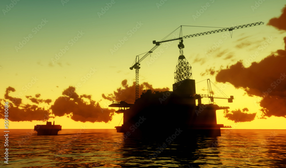 Image of oil platform during sunset. 