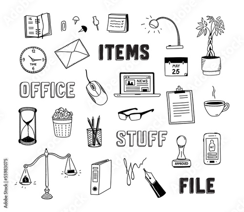 Office and business objects doodles set