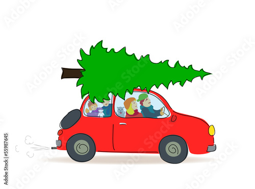 Tannenbaum Transport mit dem Auto, Tannenbaum Kauf mit Familie für Weihnachten, Vektor Illustration isoliert auf weißem Hintergrund