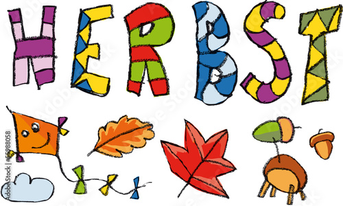 Kinderschrift Herbst mit Zeichnungen Blätter und Dachen