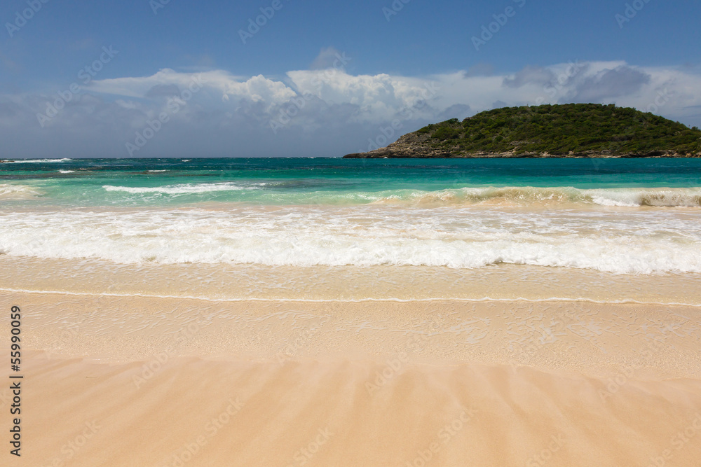 Atlantic Waves on Beautiful Golden Sandy Beach Antigua