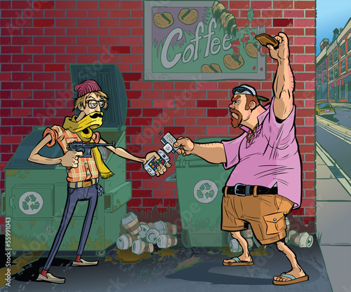 Hipster Robbing an Aging Frat Guy Vector Illustration
