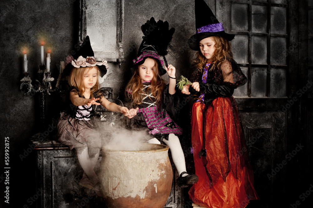 group of three Little Halloween Witch with poison, pot and magic