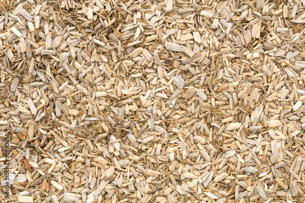 Wooden mulch on the ground in a garden Wooden mulch on the ground in a garden
