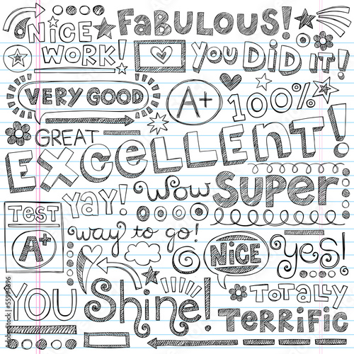 Excellent Great Work Praise Doodles Vector Illustration