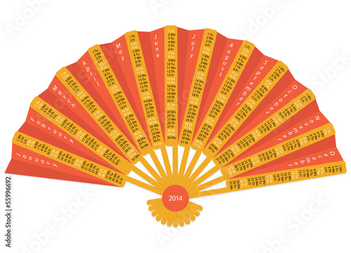 Folding hand fan calendar for 2014 on white background