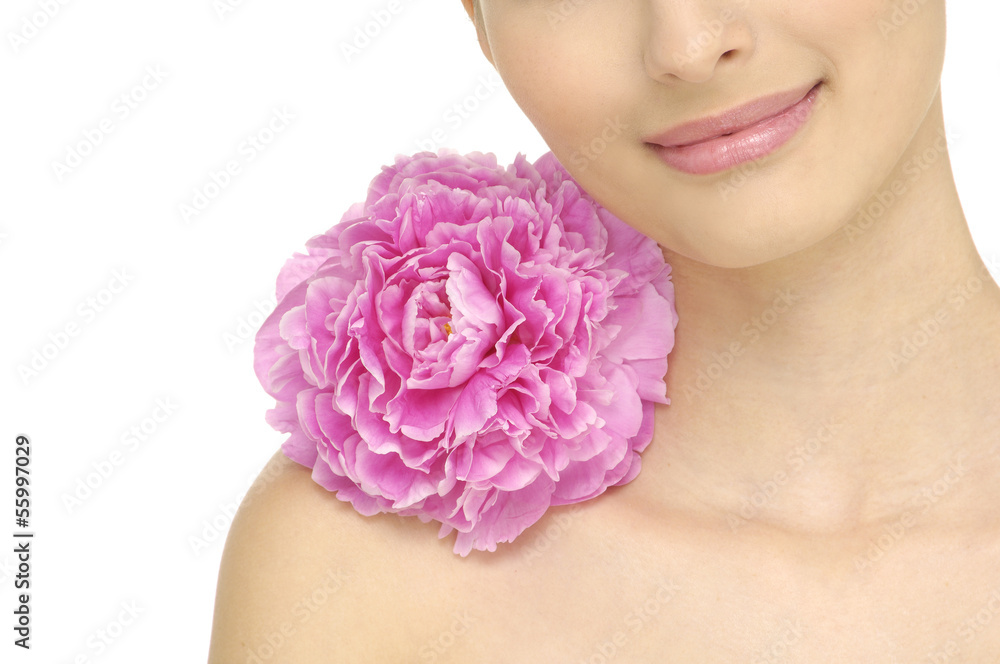 young woman with pink dahlia lily at face young woman with pink dahlia lily at face