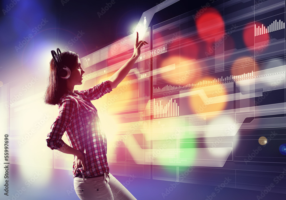 Woman touching virtual screen