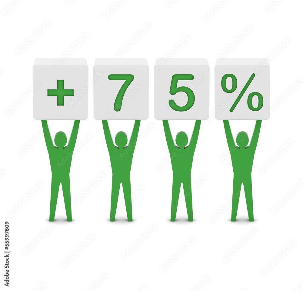 Men holding plus 75 percent. Concept 3D illustration. Men holding plus 75 percent. Concept 3D illustration.