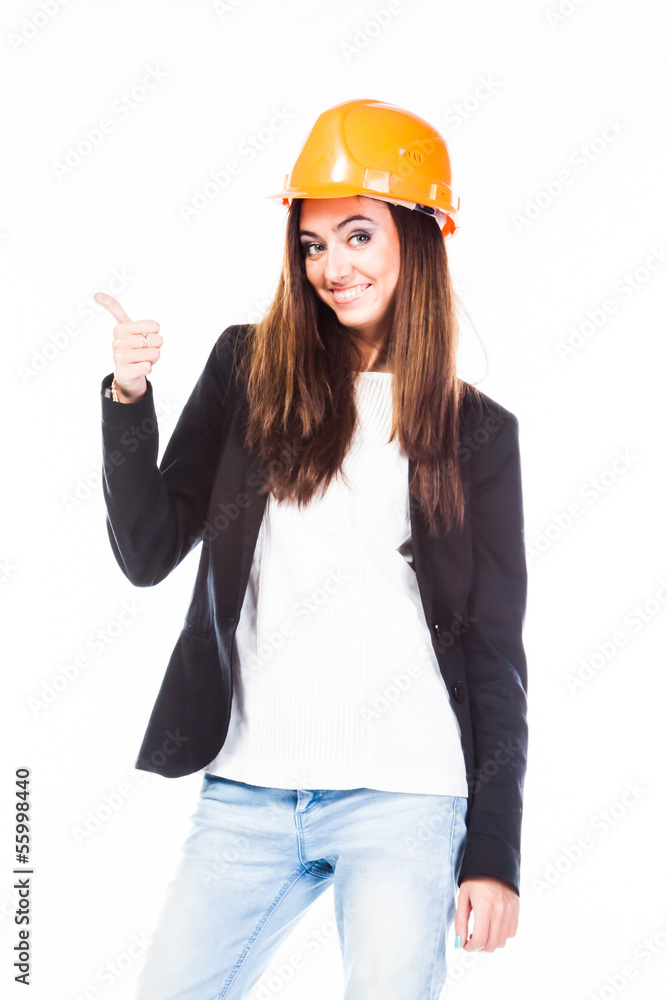 young beautiful woman in yellow construction helmet young beautiful woman in yellow construction helmet