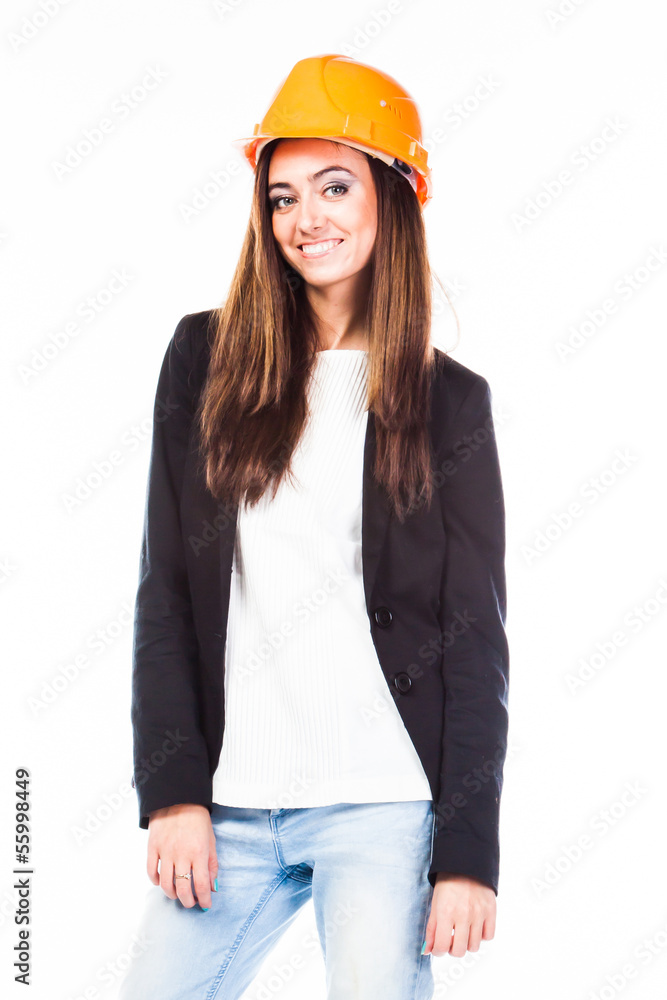 young beautiful woman in yellow construction helmet young beautiful woman in yellow construction helmet