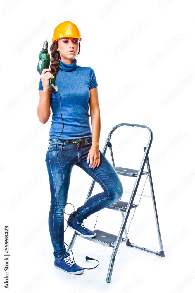 young beautiful woman in yellow construction helmet young beautiful woman in yellow construction helmet
