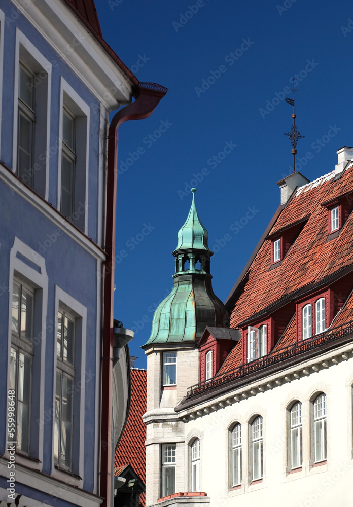 Fototapeta premium Tallinn, Estonia. Street fragment with old tower