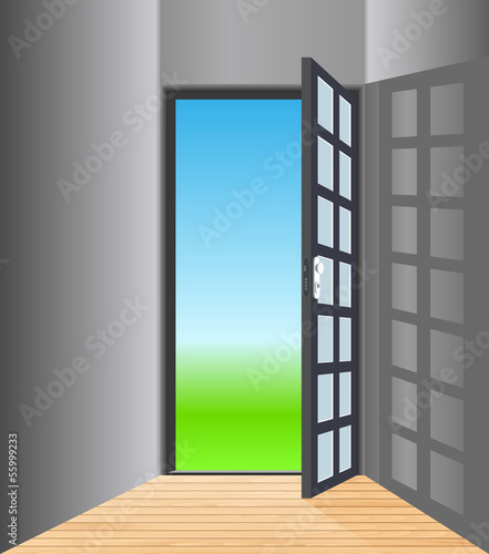 Vector empty room with opened door