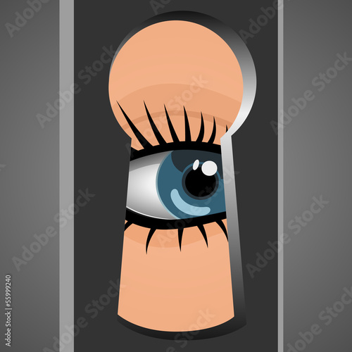 Woman looks through a keyhole