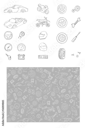 Car and motorbike items with seamless pattern