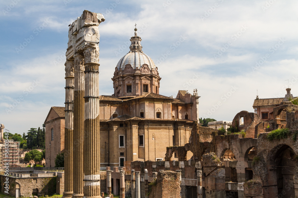 Building ruins and ancient columns  in Rome, Italy